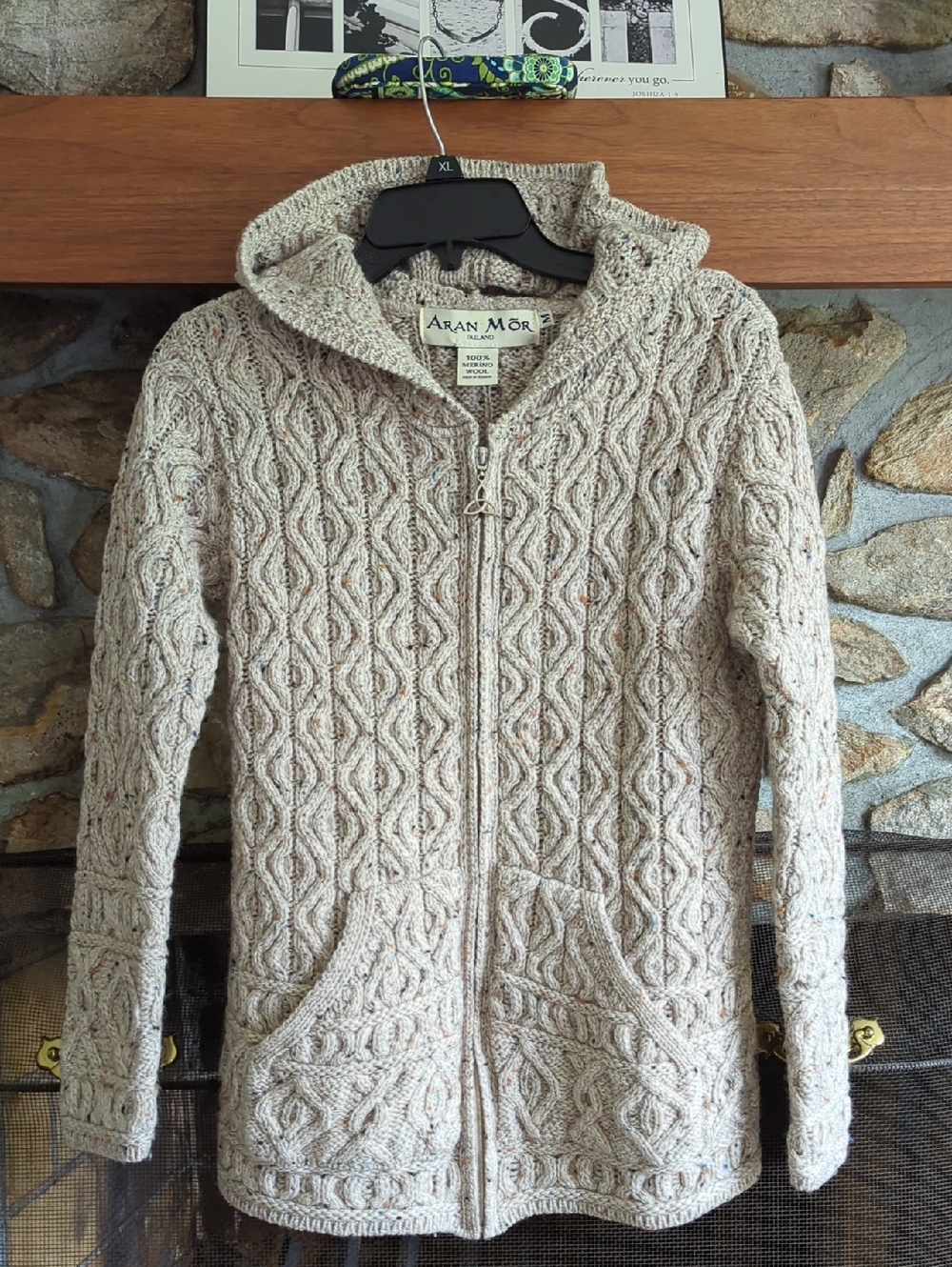 Aran Mor Oatmeal Merino Wool Cable Knit Hooded Cardigan Sweater